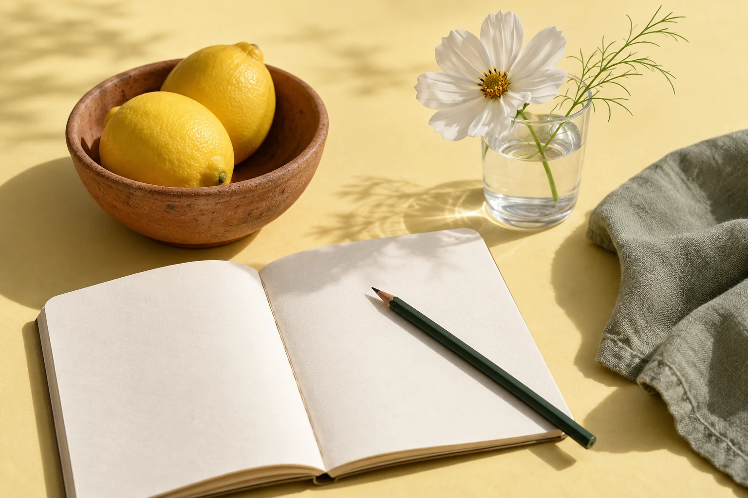 A notebook, lemons, a linen napkin and a single flower in daylight