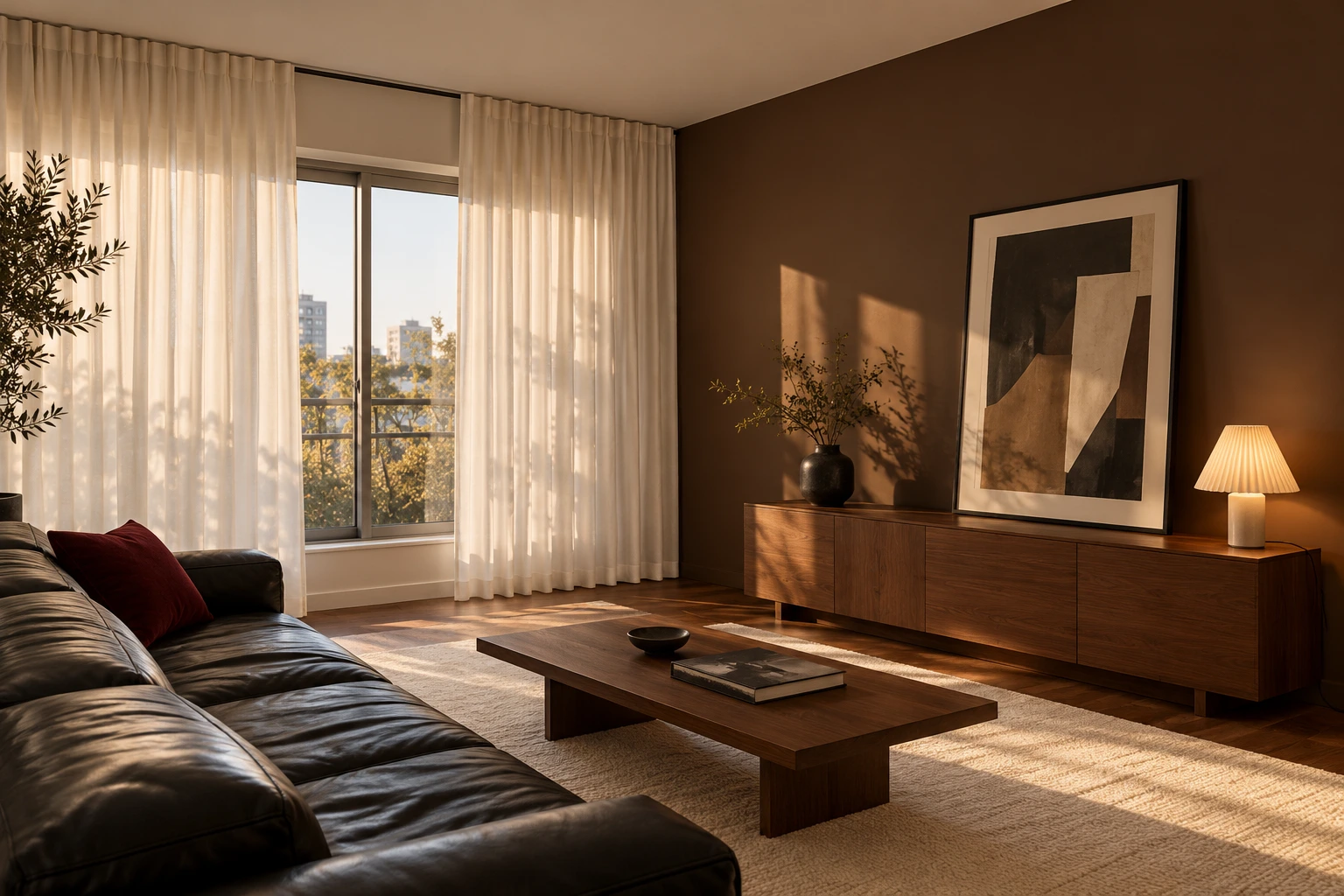 Living-room concept with black leather, walnut furniture, tall ivory curtains and a deep brown wall