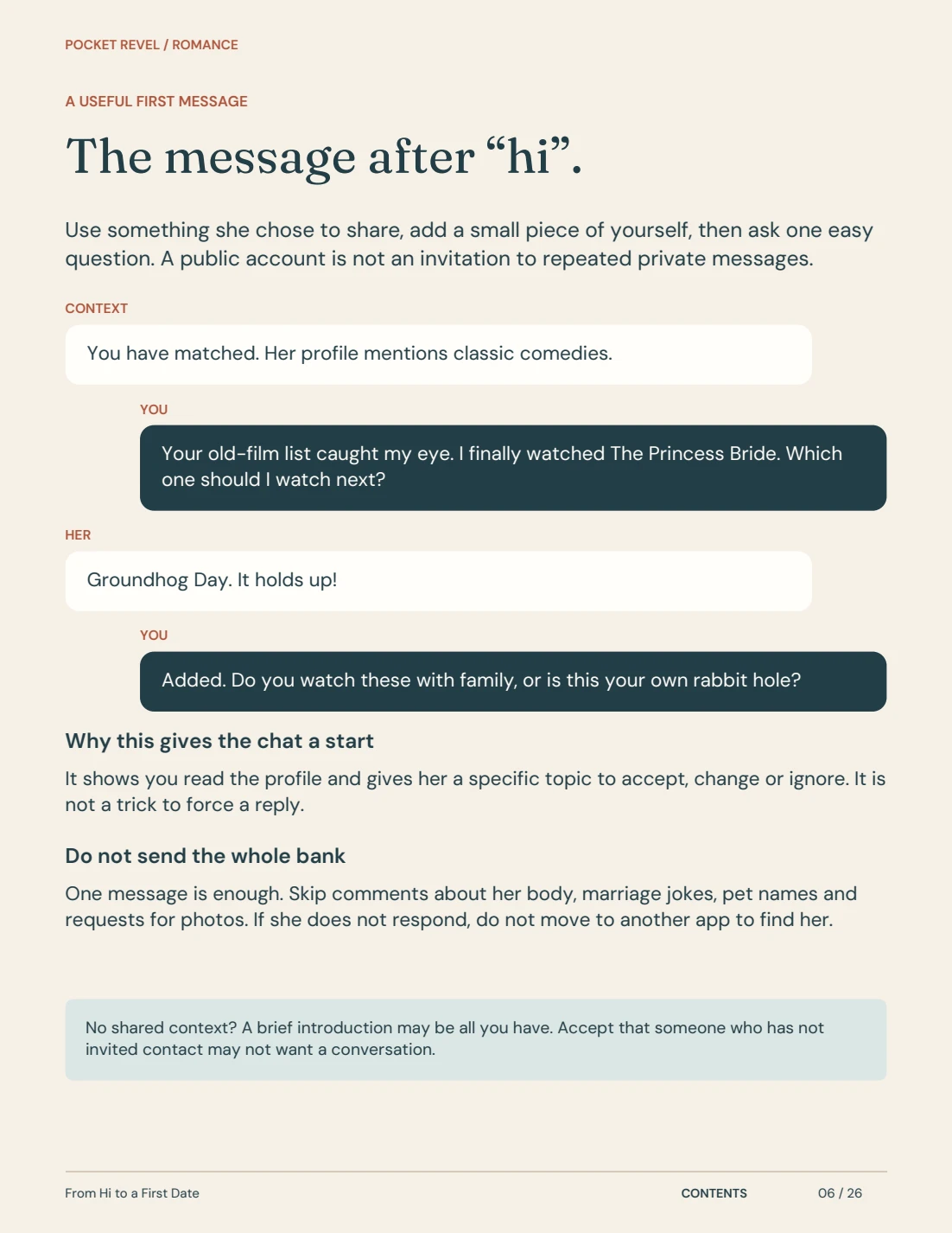 A page from the guide: The message after hello.